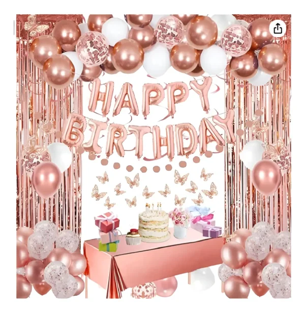 Kit Decoración Rosa Happy Birthday Cortinas Bombas Guirnalda