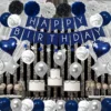 Kit Decoración Cumpleaños Globos Plateados Azules Cortina Metalizada