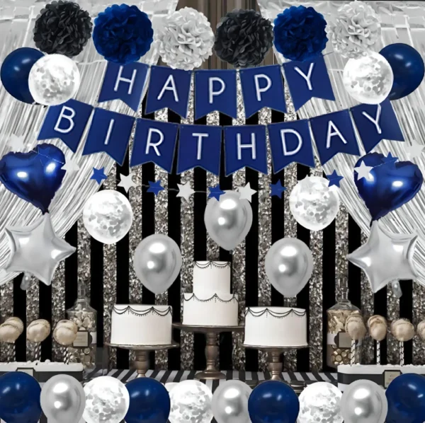 Kit Decoración Cumpleaños Globos Plateados Azules Cortina Metalizada