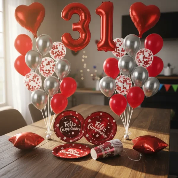 Kit Decoración Globos Vasos Platos Rojos Cumpleaños Número