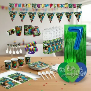 D_NQ_NP_2X_864712-MLA105574678853_012026-F Kit Minero Cumpleaños Bloques x36 Vasos Platos Globos Mantel Minecraft
