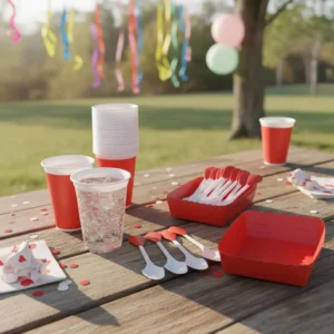 Kit Vasos + platos + cubiertos 24 Invitados Unicolor Rojo