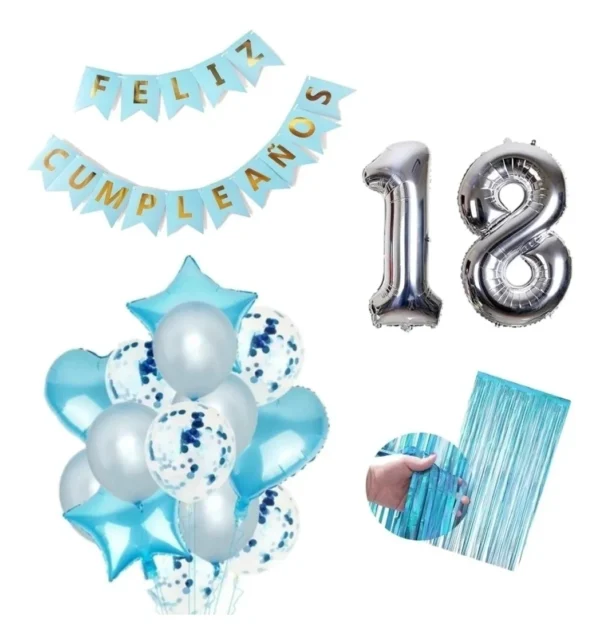 Plateado Azul Kit Festón Cortina Numero Globos Cumpleaños