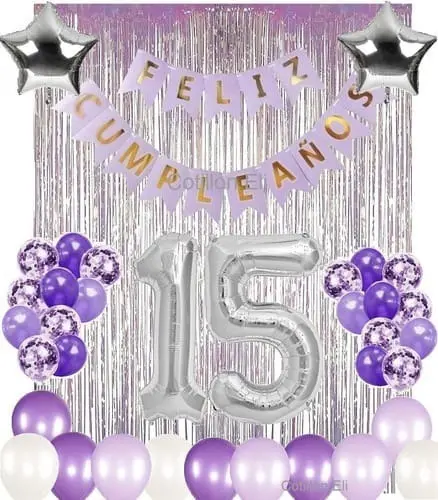 Kit Decoración Feliz Cumple Globos Morado/lila+número 80cm