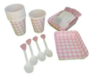 Kit Picnic Rosado Vasos+cubertos+bandejas 12invitados