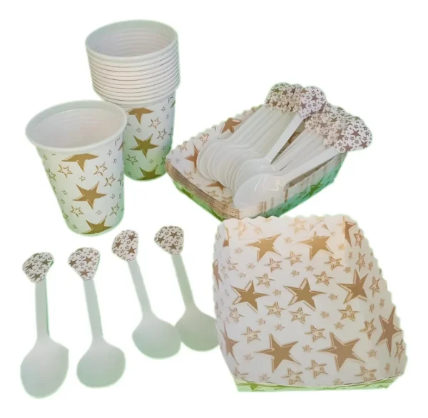 Kit Vasos + bandejas + cubiertos Estrella Dorada F/b 12inv.