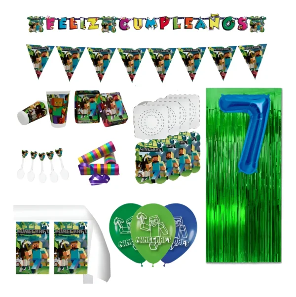 Kit Minero Cumpleaños Bloques x36 Vasos Platos Globos Mantel Minecraft