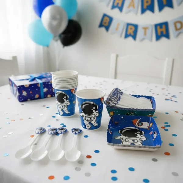 D_NQ_NP_2X_909163-MLA107034886995_022026-F Kit Decoración Astronauta X24 Vasos + Plato + Cuchara