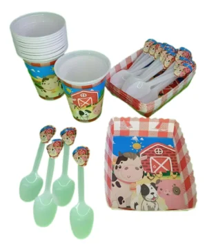 Kit Decoración Fiesta Granja Cumpleaños Vasos Bandejas Cucharas