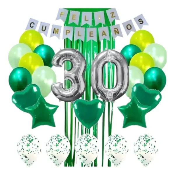 Kit Decoración Feliz Cumpleaños Bombas Verdes + cortina + número