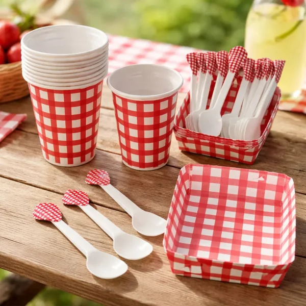 Kit Decoración Picnic Rojo X24 Vasos + Platos + Cucharas