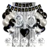 Kit Decoración Feliz Cumpleaños Bombas Plata Y Negro + cortina