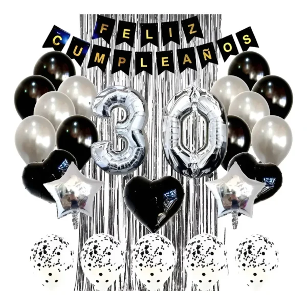 Kit Decoración Feliz Cumpleaños Bombas Plata Y Negro + cortina