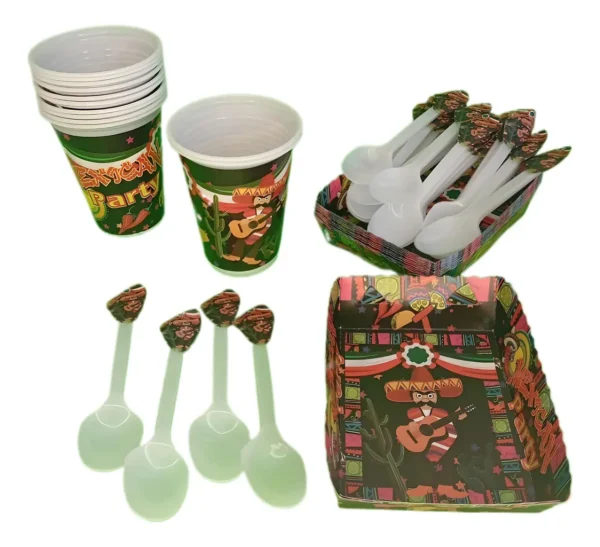 D_NQ_NP_2X_954764-MCO74582679396_022024-F Kit Decoración Mexicano Vasos+bandejas+cubiertos 12invitados