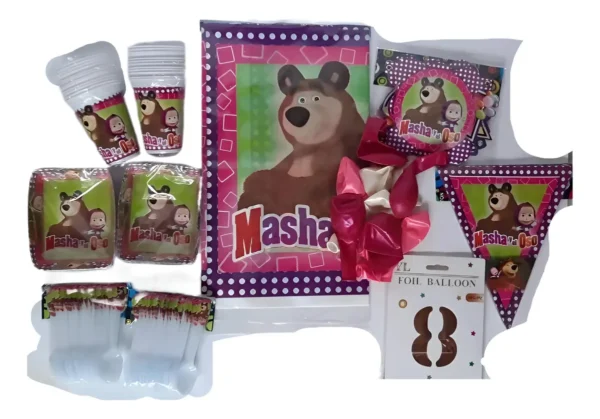 Kit Decoración Masha 12 Niños Bombas + número 70cm + mantel + vasos
