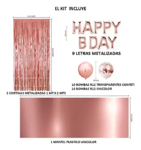 Kit Decoración Rosa Happy Birthday Cortinas Bombas Guirnalda