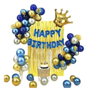 Kit Globos Fiesta Cortina Cumpleaños Azul Dorado Plateado