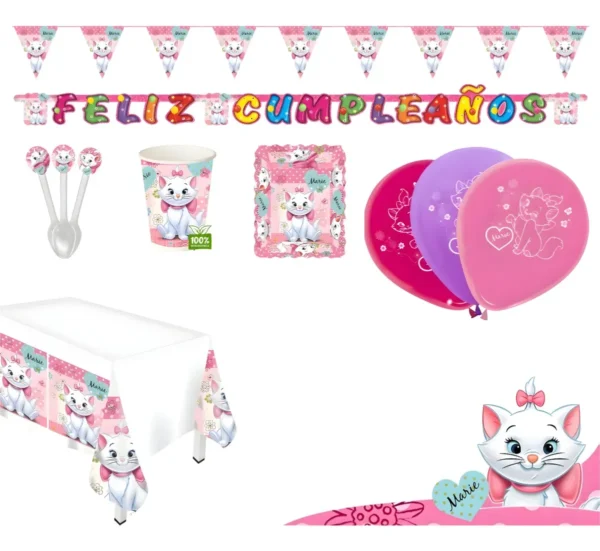 Kit Decoración Piñata Fiesta Infantil Gata Marie x12 invitados