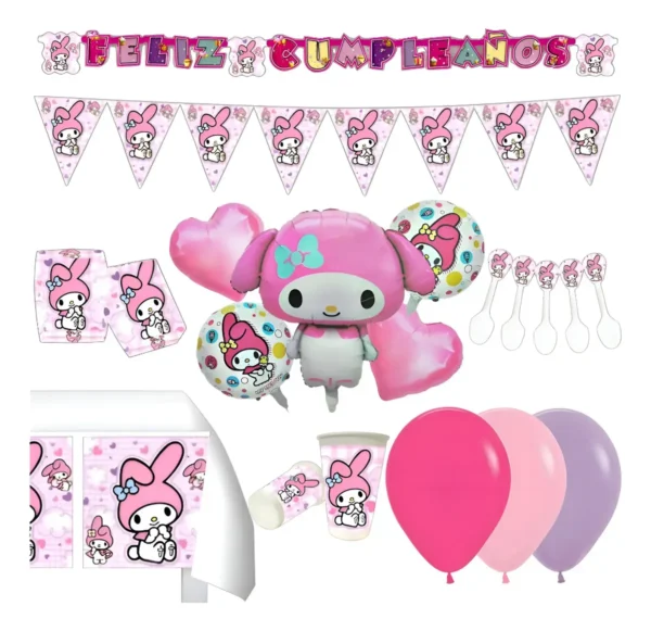 Kit Decoración My Melody X 12 + Bouquet Globos X 5 Piezas