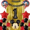Kit Decoración Cumpleaños Mickey Mouse Cortina Rojo Dorado