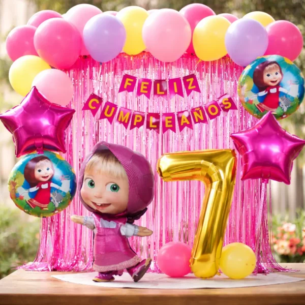 Kit Decoración Masha Y El Oso Globos Metálicos + Numero