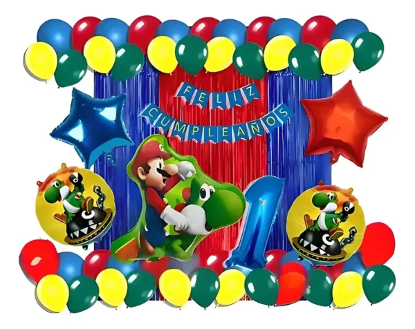 Kit Decoración Globos Yoshi Mario Bros Para Cumpleaños