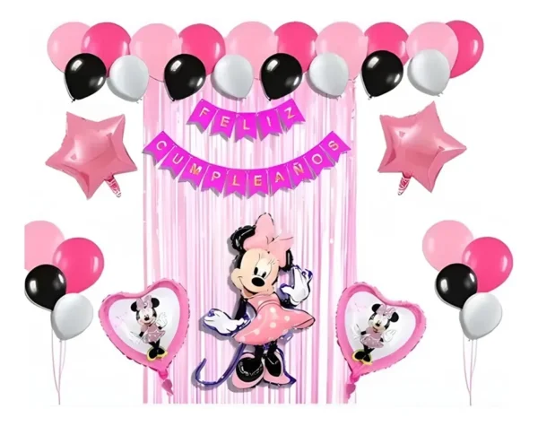 Kit Decoración Minnie Rosa Globos Metálicos + Numero