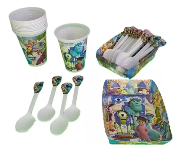 Kit Decoración Monster Inc X12 Vasos + Platos + Cucharas