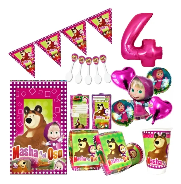 Kit Decoración Masha Y El Oso X12 + Bouquet + Numero
