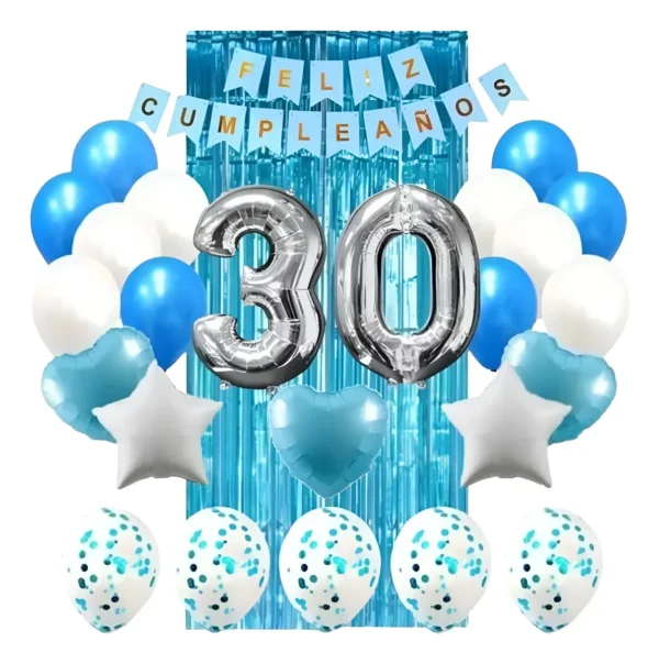 Kit Decoración Feliz Cumpleaños Bombas Azul Claro+cortina+numero