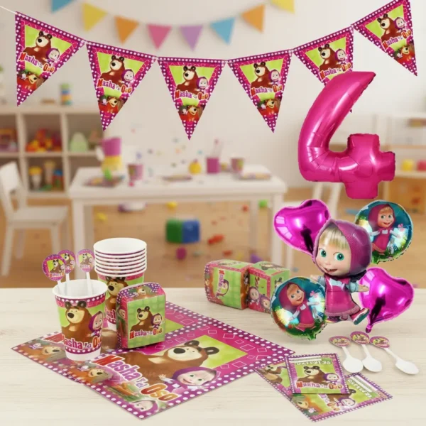 Kit Decoración Masha Y El Oso X12 + Bouquet + Numero