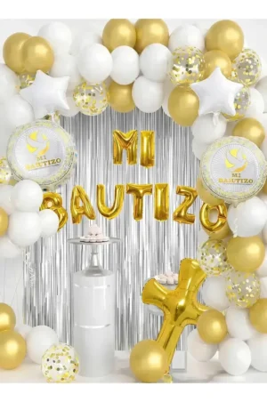 Kit Decoración Bautizo Arco Guirnalda Globos Dorado Blanco