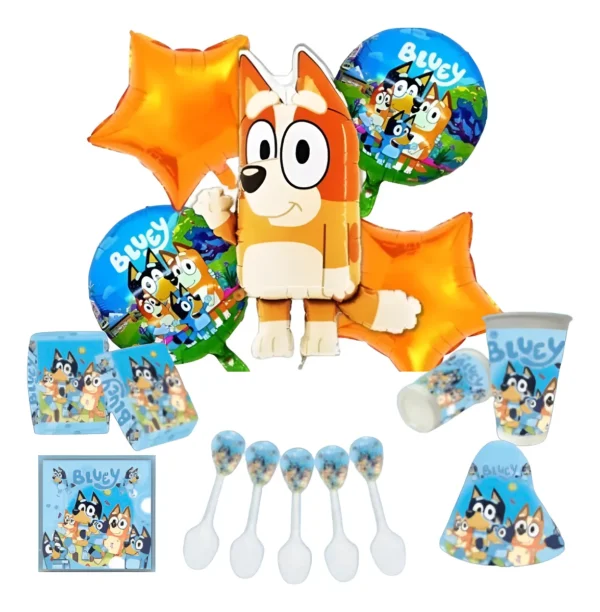 Kit Fiesta Globos Decoración Bluey Bingo x12 Mantel Vasos Platos