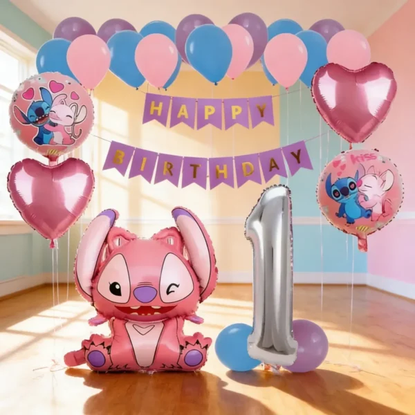 Kit Decoración Angela Stitch Globos Metálicos + Numero