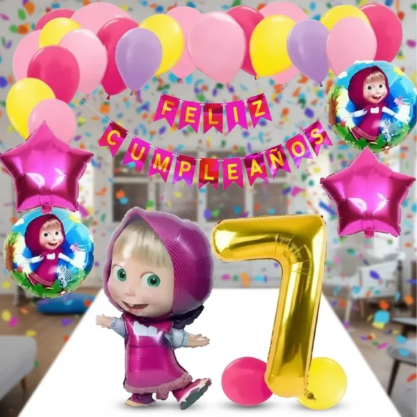 Kit Decoración Masha Y El Oso Globos Metálicos + Numero