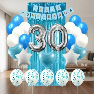 Kit Decoración Feliz Cumpleaños Bombas Azul Claro+cortina+numero