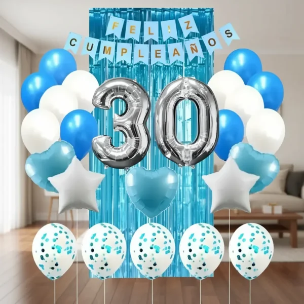 Kit Decoración Feliz Cumpleaños Bombas Azul Claro+cortina+numero