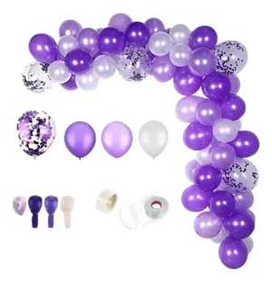 Arco Globos Morado Blanco + Cortina Cumpleaños Grado Boda