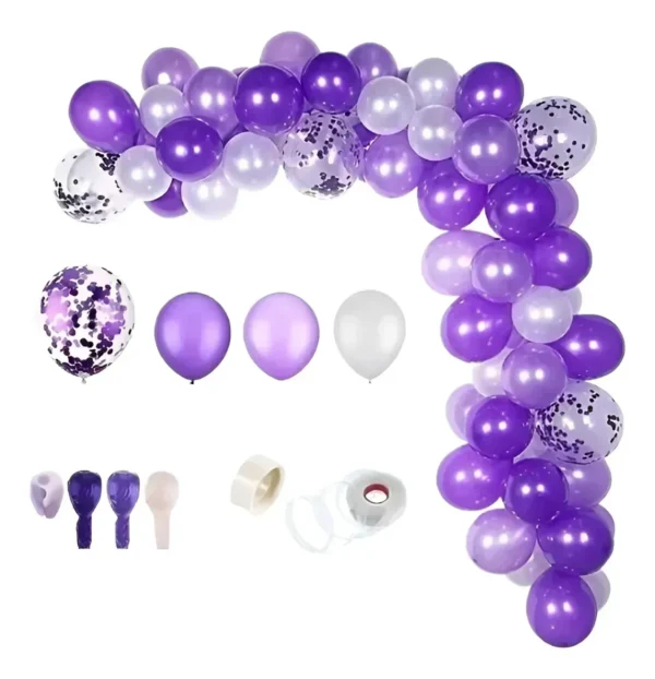Arco Globos Morado Blanco + Cortina Cumpleaños Grado Boda
