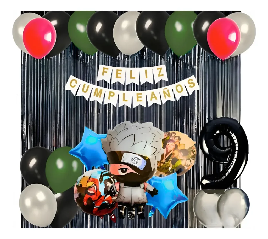 Kit Globos Kakashi Hatake Cumpleaños Negro Plateado Verde