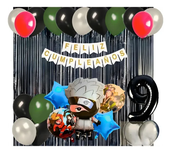 Kit Globos Kakashi Hatake Cumpleaños Negro Plateado Verde