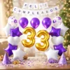 Kit Decoración Feliz Cumpleaños Bombas Lila Morado Y Plata