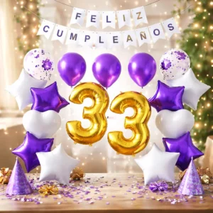 D_NQ_NP_2X_718691-MLA107013884015_022026-F Kit Decoración Feliz Cumpleaños Bombas Lila Morado Y Plata
