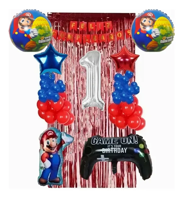 Kit Decoración Globos Mario Bros Video Juegos Rojo Azul