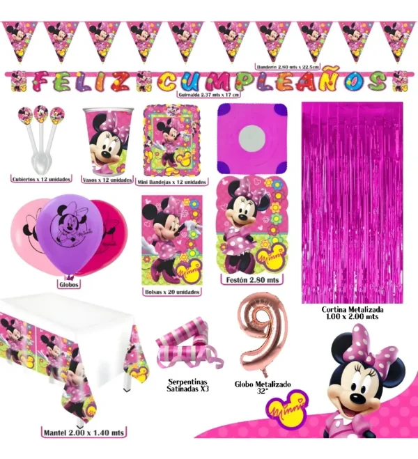 Kit Minnie Mouse Cumpleaños Mantel Vasos Platos Globos x36inv