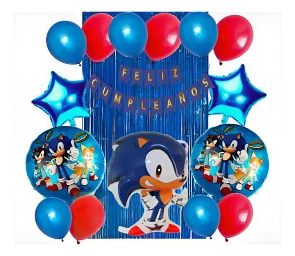 Kit Fiesta Decoración Sonic Cortina Cumpleaños Azul Globos