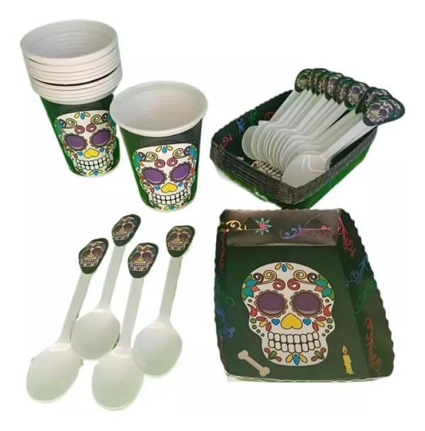 Kit Decoracion Katrina Halloween X24 Vasos + Plato + Cuchara