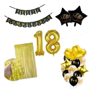 Kit Decoración Globos Bombas Negro Y Dorado + feliz Cumple