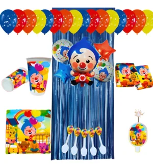 Kit Fiesta Circo Payaso Cortina Azul Mantel Vasos Platos x12