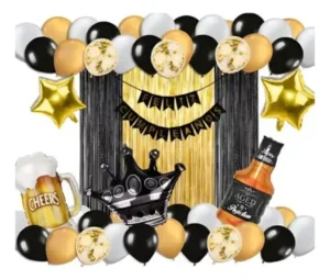 Kit Fiesta Cortina Cumpleaños Dorado Negro Corona Cumpleaños